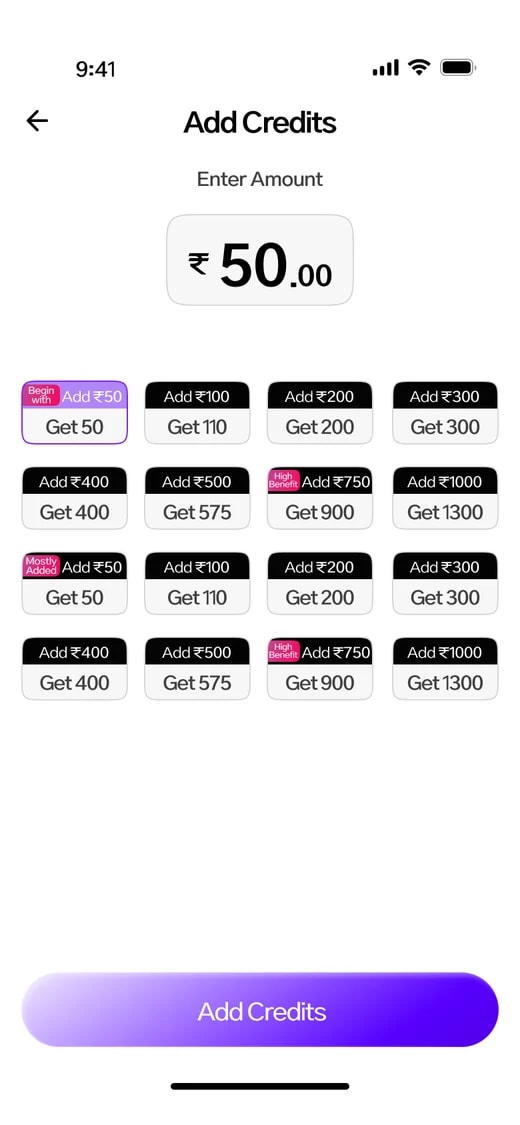 Fancall app: Add Credits screen with credit packs